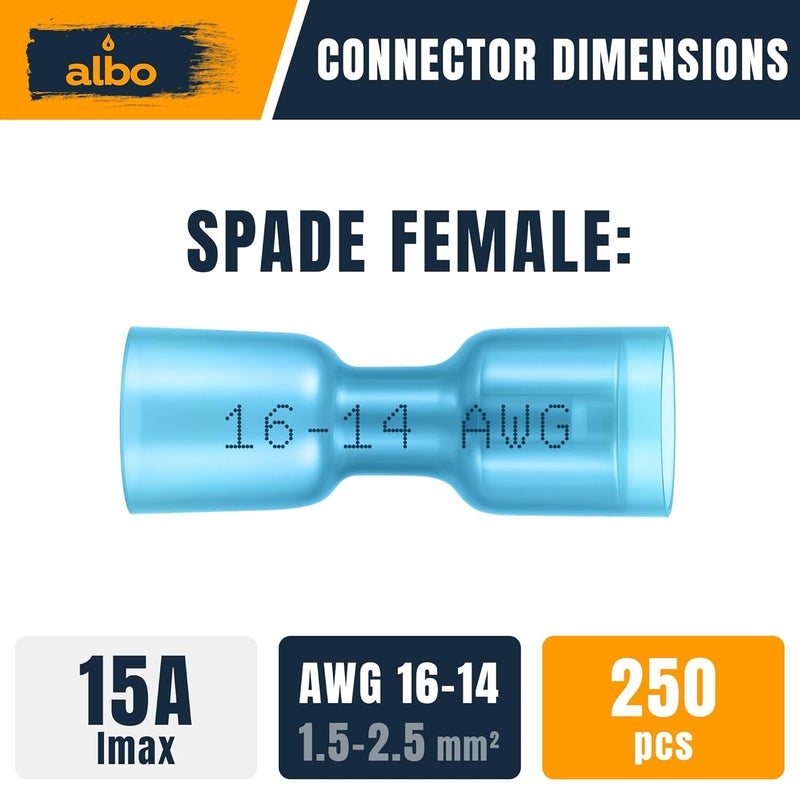 ALBO طقم موصلات أنثوية على شكل مجرفة 250 قطعة مع انكماش حراري - AWG 16-14 موصلات كهربائية زرقاء مقاومة للماء، موصلات سلكية أنثوية معزولة بالكامل لمشاريع السيارات والبحرية والأسلاك الكهربائية - Image 2